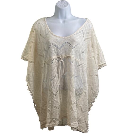 Women's Miken White Boho Pom Pom Poncho Cover-Up Size S‎ Flowy Beach Pool Summer - Picture 1 of 12